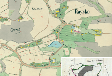 Mapa 120. Rajsko. Centrum Rajska na mapie katastralnej sporządzonej dla gminy katastralnej Rajsko w 1849 roku oraz pochodzący z 1847 roku plan sytuacyjny z wyrysowanymi granicami gminy Rajsko oraz lokalizacją gmin sąsiadujących (Archiwum Narodowe w Krakowie, sygn. K. Krak. 514 IV; sygn. K. Krak. op. 128, s. 1).