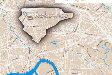 Mapa 121. Rakowice. Orientacyjna lokalizacja dawnej wsi Rakowice w obecnych granicach Krakowa – na planie miasta oznaczono jej położenie w kształcie wyznaczonym granicami jednostki katastralnej, jaką stanowiła, ze wskazaniem najstarszego, historycznego centrum Rakowic w rejonie dzisiejszej ulicy Pilotów.