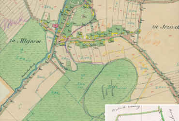 Mapa 122. Rakowice. Centrum Rakowic na mapie katastralnej sporządzonej dla gminy katastralnej Rakowice w 1850 roku oraz pochodzący z lat 1847–1848 plan sytuacyjny z wyrysowanymi granicami gminy Rakowice i lokalizacją gmin sąsiadujących (Archiwum Narodowe w Krakowie, sygn. K. Krak. 519 I; sygn. WM 563a, nlb.).