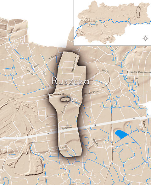 Mapa 123. Ruszcza. Orientacyjna lokalizacja dawnej wsi Ruszcza w obecnych granicach Krakowa – na planie miasta oznaczono jej położenie w kształcie wyznaczonym granicami jednostki katastralnej, jaką stanowiła, ze wskazaniem najstarszego, historycznego centrum Ruszczy w rejonie dzisiejszych ulic Rusieckiej i Jeziorko. 
