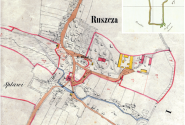 Mapa 124. Ruszcza. Centrum Ruszczy na mapie katastralnej sporządzonej dla gminy katastralnej Ruszcza w 1847 roku oraz pochodzący z 1848 roku plan sytuacyjny z wyrysowanymi granicami gminy Ruszcza i lokalizacją gmin sąsiadujących (Archiwum Narodowe w Krakowie, sygn. K. Krak. 536 II; sygn. WM 563a, nlb.).