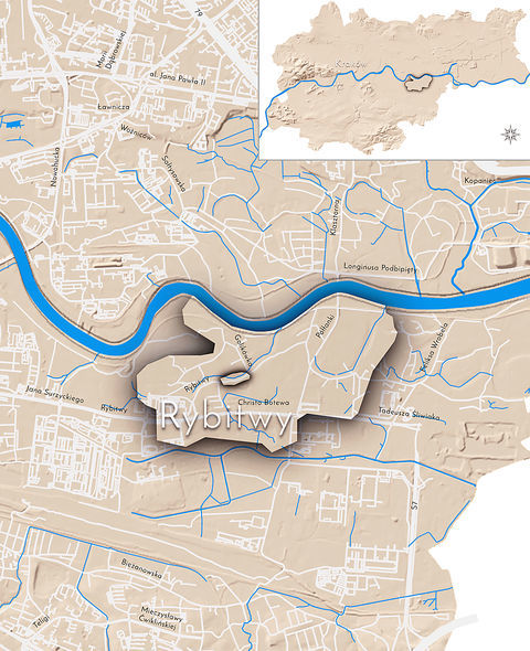Mapa 125. Rybitwy. Orientacyjna lokalizacja dawnej wsi Rybitwy w obecnych granicach Krakowa – na planie miasta oznaczono jej położenie w kształcie wyznaczonym granicami jednostki katastralnej, jaką stanowiła, ze wskazaniem najstarszego, historycznego centrum Rybitw w rejonie dzisiejszej ulicy Golikówka.