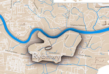 Mapa 125. Rybitwy. Orientacyjna lokalizacja dawnej wsi Rybitwy w obecnych granicach Krakowa – na planie miasta oznaczono jej położenie w kształcie wyznaczonym granicami jednostki katastralnej, jaką stanowiła, ze wskazaniem najstarszego, historycznego centrum Rybitw w rejonie dzisiejszej ulicy Golikówka.