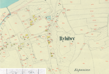 Mapa 126. Rybitwy. Centrum Rybitw na mapie katastralnej sporządzonej dla gminy katastralnej Rybitwy w 1849 roku oraz pochodzący z 1847 roku plan sytuacyjny z wyrysowanymi granicami gminy Rybitwy oraz lokalizacją gmin sąsiadujących (Archiwum Narodowe w Krakowie, sygn. K. Krak. 537; sygn. 29/280/1419, k. 1).