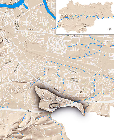 Mapa 127. Rżąka. Orientacyjna lokalizacja dawnej wsi Rżąka w obecnych granicach Krakowa – na planie miasta oznaczono jej położenie w kształcie wyznaczonym granicami jednostki katastralnej, jaką stanowiła, ze wskazaniem najstarszego, historycznego centrum Rżąki w rejonie dzisiejszej ulicy Kosocickiej.
