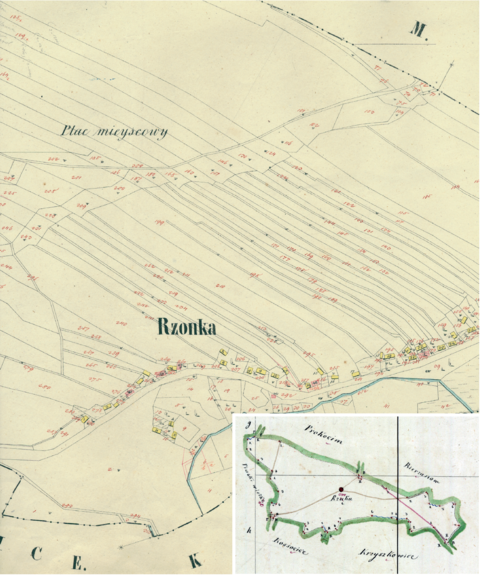 Mapa 128. Rżąka. Centralny fragment Rżąki na mapie katastralnej sporządzonej dla gminy katastralnej Rżąka w 1849 roku oraz pochodzący z 1845 roku plan sytuacyjny z wyrysowanymi granicami gminy Rżąka i lokalizacją gmin sąsiadujących (Archiwum Narodowe w Krakowie, sygn. K. Krak. 555 II; sygn. K. Krak. op. 135, s. 1).