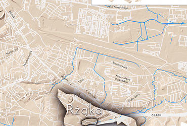 Mapa 127. Rżąka. Orientacyjna lokalizacja dawnej wsi Rżąka w obecnych granicach Krakowa – na planie miasta oznaczono jej położenie w kształcie wyznaczonym granicami jednostki katastralnej, jaką stanowiła, ze wskazaniem najstarszego, historycznego centrum Rżąki w rejonie dzisiejszej ulicy Kosocickiej.