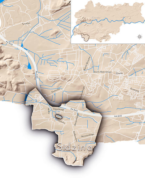 Mapa 129. Sidzina. Orientacyjna lokalizacja dawnej wsi Sidzina w obecnych granicach Krakowa – na planie miasta oznaczono jej położenie w kształcie wyznaczonym granicami jednostki katastralnej, jaką stanowiła, ze wskazaniem najstarszego, historycznego centrum Sidziny w rejonie dzisiejszej ulicy Wrony.
