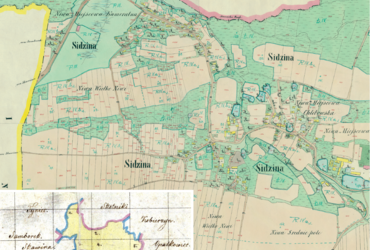 Mapa 130. Sidzina. Centralny fragment Sidziny na mapie katastralnej sporządzonej dla gminy katastralnej Sidzina w 1850 roku oraz pochodzący z 1845 roku plan sytuacyjny z wyrysowanymi granicami gminy Sidzina oraz lokalizacją gmin sąsiadujących (Archiwum Narodowe w Krakowie, sygn. K. Krak. 565 I–IV; sygn. 29/280/1445, k. 1).