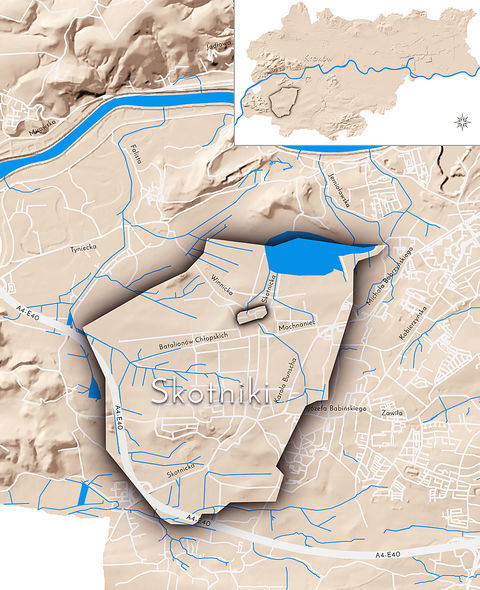 Mapa 131. Skotniki. Orientacyjna lokalizacja dawnej wsi Skotniki w obecnych granicach Krakowa – na planie miasta oznaczono jej położenie w kształcie wyznaczonym granicami jednostki katastralnej, jaką stanowiła, ze wskazaniem najstarszego, historycznego centrum Skotnik w rejonie dzisiejszej ulicy Skotnickiej.