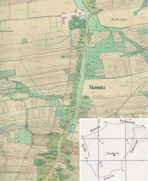 Mapa 132. Skotniki. Centralny fragment Skotnik na mapie katastralnej sporządzonej dla gminy katastralnej Skotniki w 1848 roku oraz pochodzący z 1845 roku plan sytuacyjny z wyrysowanymi granicami gminy Skotniki oraz lokalizacją gmin sąsiadujących (Archiwum Narodowe w Krakowie, sygn. K. Krak. 577 V; sygn. 29/280/1464, k. 1).