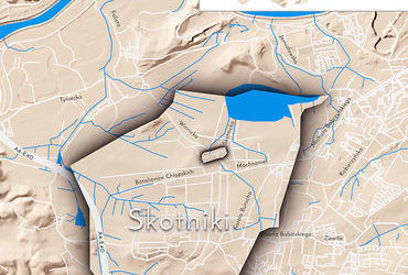 Mapa 131. Skotniki. Orientacyjna lokalizacja dawnej wsi Skotniki w obecnych granicach Krakowa – na planie miasta oznaczono jej położenie w kształcie wyznaczonym granicami jednostki katastralnej, jaką stanowiła, ze wskazaniem najstarszego, historycznego centrum Skotnik w rejonie dzisiejszej ulicy Skotnickiej.