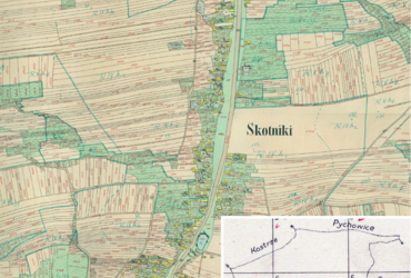 Mapa 132. Skotniki. Centralny fragment Skotnik na mapie katastralnej sporządzonej dla gminy katastralnej Skotniki w 1848 roku oraz pochodzący z 1845 roku plan sytuacyjny z wyrysowanymi granicami gminy Skotniki oraz lokalizacją gmin sąsiadujących (Archiwum Narodowe w Krakowie, sygn. K. Krak. 577 V; sygn. 29/280/1464, k. 1).