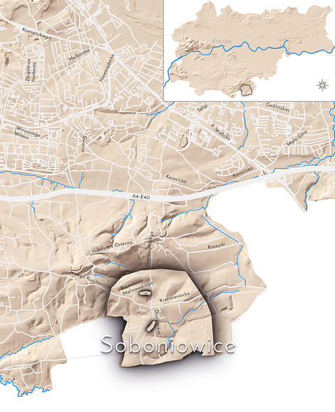 Mapa 133. Soboniowice. Orientacyjna lokalizacja dawnej wsi Soboniowice w obecnych granicach Krakowa – na planie miasta oznaczono jej położenie w kształcie wyznaczonym granicami jednostki katastralnej, jaką stanowiła, ze wskazaniem najstarszych, historycznych dwóch centrów, jako że do XVIII wieku istniały tu dwie wsie: Soboniowice w części południowej z ośrodkiem w rejonie dzisiejszej ulicy Drużbackiej oraz Strzałkowice w części północnej z centrum w rejonie dzisiejszej ulicy Malinowskiego.