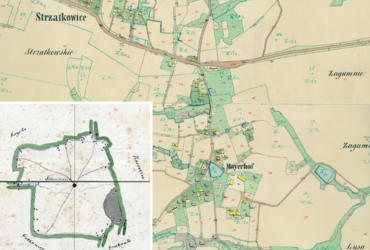 Mapa 134. Soboniowice. Centrum Soboniowic ze Strzałkowicami na mapie katastralnej sporządzonej dla gminy katastralnej Soboniowice w 1849 roku oraz pochodzący z 1845 roku plan sytuacyjny z wyrysowanymi granicami gminy Soboniowice i lokalizacją gmin sąsiadujących (Archiwum Narodowe w Krakowie, sygn. K. Krak. 586 I, II; sygn. K. Krak. op. 140, s. 1).