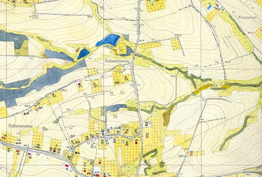 Mapa 135. Soboniowice. Z dokumentacji Biura Rozwoju Krakowa dotyczący wsi Soboniowice fragment sporządzonej w 1968 roku Inwentaryzacji bezpośredniej użytkowania terenu i budynków dla Gromady Rajsko (Archiwum Narodowe w Krakowie, sygn. 29/1405/2330).