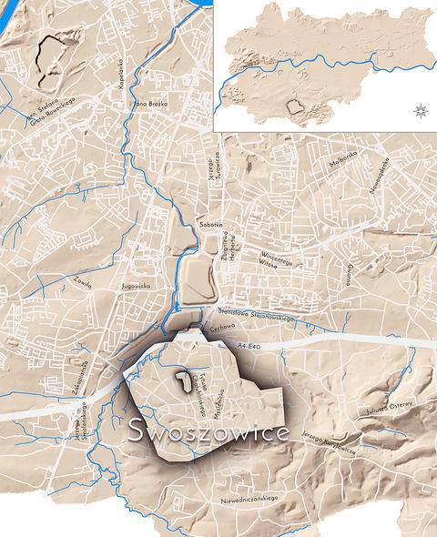 Mapa 136. Swoszowice. Orientacyjna lokalizacja dawnej wsi Swoszowice w obecnych granicach Krakowa – na planie miasta oznaczono jej położenie w kształcie wyznaczonym granicami jednostki katastralnej, jaką stanowiła, ze wskazaniem najstarszego, historycznego centrum Swoszowic w rejonie dzisiejszej ulicy Chałubińskiego.