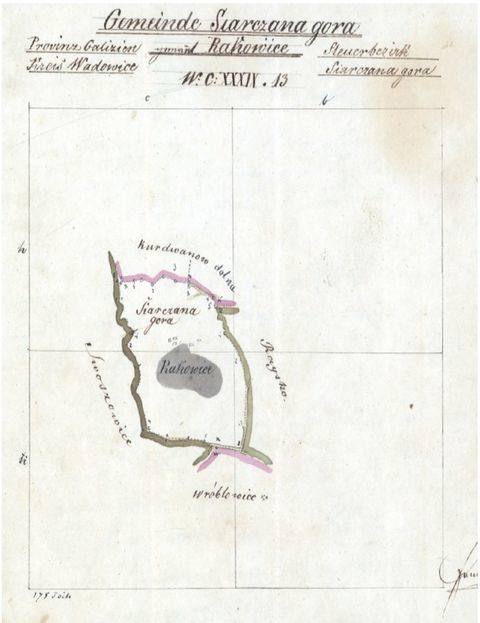 Mapa 137. Swoszowice. Z map katastru gruntowego sporządzone w 1843 roku plany sytuacyjne z wyrysowanymi granicami gmin Swoszowice i Siarczana Góra oraz lokalizacją gmin sąsiadujących (Archiwum Narodowe w Krakowie, sygn. K. Krak. op. 147, s. 1, 2).