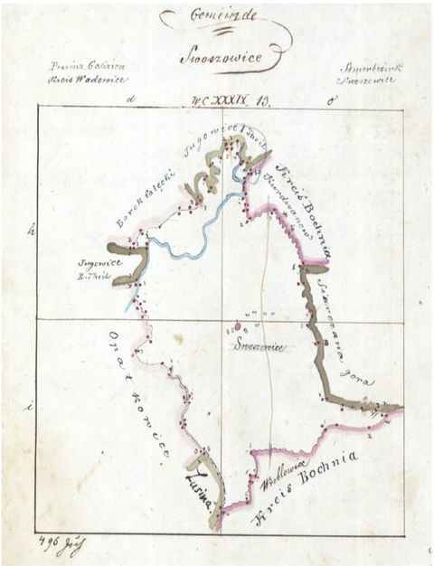 Mapa 138. Swoszowice. Z map katastru gruntowego sporządzone w 1843 roku plany sytuacyjne z wyrysowanymi granicami gmin Swoszowice i Siarczana Góra oraz lokalizacją gmin sąsiadujących (Archiwum Narodowe w Krakowie, sygn. K. Krak. op. 147, s. 1, 2).