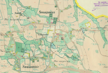 Mapa 139. Swoszowice. Centrum Swoszowic na mapie katastralnej sporządzonej dla gminy katastralnej Swoszowice w 1848 roku (Archiwum Narodowe w Krakowie, sygn. K. Krak. 606 II, IV).