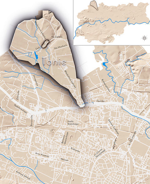 Mapa 142. Tonie. Orientacyjna lokalizacja dawnej wsi Tonie w obecnych granicach Krakowa – na planie miasta oznaczono jej położenie w kształcie wyznaczonym granicami jednostki katastralnej, jaką stanowiła, ze wskazaniem najstarszego, historycznego centrum Toń w rejonie dzisiejszej ulicy Łokietka, z południowej strony jej skrzyżowania z obecnymi ulicami Gaik i Na Zielonki.