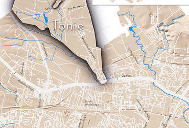 Mapa 142. Tonie. Orientacyjna lokalizacja dawnej wsi Tonie w obecnych granicach Krakowa – na planie miasta oznaczono jej położenie w kształcie wyznaczonym granicami jednostki katastralnej, jaką stanowiła, ze wskazaniem najstarszego, historycznego centrum Toń w rejonie dzisiejszej ulicy Łokietka, z południowej strony jej skrzyżowania z obecnymi ulicami Gaik i Na Zielonki.