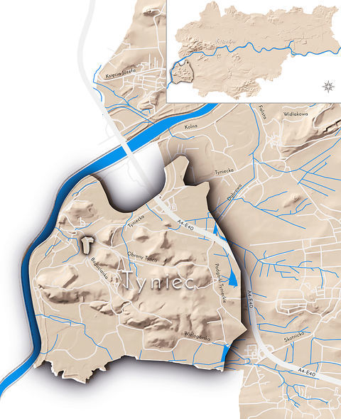 Mapa 144. Tyniec. Orientacyjna lokalizacja dawnej wsi Tyniec w obecnych granicach Krakowa – na planie miasta oznaczono jej położenie w kształcie wyznaczonym granicami jednostki katastralnej, jaką stanowiła, ze wskazaniem najstarszego, historycznego centrum Tyńca w rejonie dzisiejszej ulicy Bogucianka.