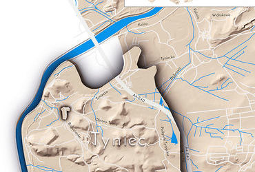 Mapa 144. Tyniec. Orientacyjna lokalizacja dawnej wsi Tyniec w obecnych granicach Krakowa – na planie miasta oznaczono jej położenie w kształcie wyznaczonym granicami jednostki katastralnej, jaką stanowiła, ze wskazaniem najstarszego, historycznego centrum Tyńca w rejonie dzisiejszej ulicy Bogucianka.