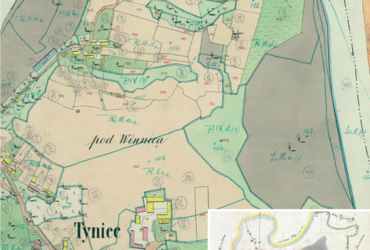 Mapa 145. Tyniec. Centrum Tyńca na mapie katastralnej sporządzonej dla gminy katastralnej Tyniec w 1849 roku oraz pochodzący z 1890 roku plan sytuacyjny z wyrysowanymi granicami gminy Tyniec i lokalizacją gmin sąsiadujących (Archiwum Narodowe w Krakowie, sygn. K. Krak. 634 II; sygn. K. Krak. op. 184, s. 1).