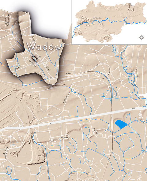 Mapa 146. Wadów. Orientacyjna lokalizacja dawnej wsi Wadów w obecnych granicach Krakowa – na planie miasta oznaczono jej położenie w kształcie wyznaczonym granicami jednostki katastralnej, jaką stanowiła, ze wskazaniem najstarszego, historycznego centrum Wadowa w rejonie dzisiejszych ulic Zagościniec i Jaskrowej.