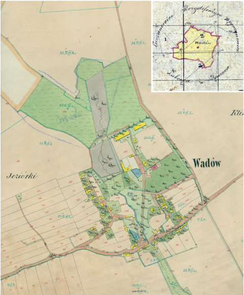Mapa 147. Wadów. Centrum Wadowa na mapie katastralnej sporządzonej dla gminy katastralnej Wadów w 1850 roku oraz pochodzący z 1848 roku plan sytuacyjny z wyrysowanymi granicami gminy Wadów oraz lokalizacją gmin sąsiadujących (Archiwum Narodowe w Krakowie, sygn. K. Krak. 644 II; sygn. 29/280/1525, k. 1).