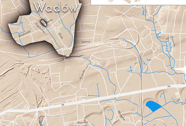 Mapa 146. Wadów. Orientacyjna lokalizacja dawnej wsi Wadów w obecnych granicach Krakowa – na planie miasta oznaczono jej położenie w kształcie wyznaczonym granicami jednostki katastralnej, jaką stanowiła, ze wskazaniem najstarszego, historycznego centrum Wadowa w rejonie dzisiejszych ulic Zagościniec i Jaskrowej.