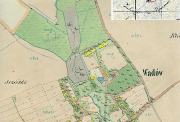 Mapa 147. Wadów. Centrum Wadowa na mapie katastralnej sporządzonej dla gminy katastralnej Wadów w 1850 roku oraz pochodzący z 1848 roku plan sytuacyjny z wyrysowanymi granicami gminy Wadów oraz lokalizacją gmin sąsiadujących (Archiwum Narodowe w Krakowie, sygn. K. Krak. 644 II; sygn. 29/280/1525, k. 1).