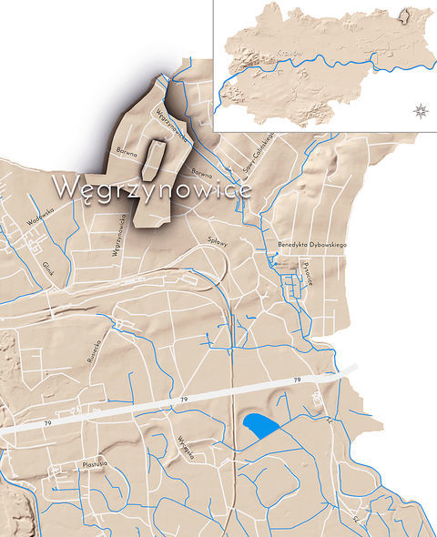 Mapa 148. Węgrzynowice. Orientacyjna lokalizacja dawnej wsi Węgrzynowice w obecnych granicach Krakowa – na planie miasta oznaczono jej położenie w kształcie wyznaczonym granicami jednostki katastralnej, jaką stanowiła, ze wskazaniem najstarszego, historycznego centrum Węgrzynowic w rejonie dzisiejszej ulicy Węgrzynowickiej.