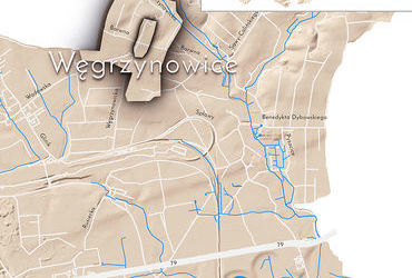 Mapa 148. Węgrzynowice. Orientacyjna lokalizacja dawnej wsi Węgrzynowice w obecnych granicach Krakowa – na planie miasta oznaczono jej położenie w kształcie wyznaczonym granicami jednostki katastralnej, jaką stanowiła, ze wskazaniem najstarszego, historycznego centrum Węgrzynowic w rejonie dzisiejszej ulicy Węgrzynowickiej.