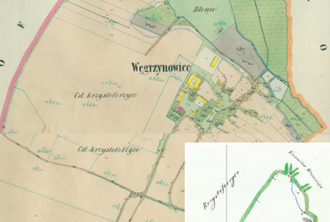 Mapa 149. Węgrzynowice. Centrum Węgrzynowic na mapie katastralnej sporządzonej dla gminy katastralnej Węgrzynowice w 1850 roku oraz pochodzący z lat 1847–1848 plan sytuacyjny z wyrysowanymi granicami gminy Węgrzynowice i lokalizacją gmin sąsiadujących (Archiwum Narodowe w Krakowie, sygn. K. Krak. 655 I, II; sygn. WM 563a, nlb.).