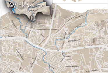 Mapa 150. Witkowice. Orientacyjna lokalizacja dawnej wsi Witkowice w obecnych granicach Krakowa – na planie miasta oznaczono jej położenie w kształcie wyznaczonym granicami jednostki katastralnej, jaką stanowiła, ze wskazaniem najstarszego, historycznego centrum Witkowic w rejonie północnej części dzisiejszej ulicy Dożynkowej.