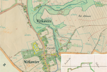 Mapa 151. Witkowice. Centrum Witkowic na mapie katastralnej sporządzonej dla gminy katastralnej Witkowice w 1850 roku oraz pochodzący z lat 1847–1848 plan sytuacyjny z wyrysowanymi granicami gminy Witkowice i lokalizacją gmin sąsiadujących (Archiwum Narodowe w Krakowie, sygn. K. Krak. 668 III, V; sygn. WM 563a, nlb.).