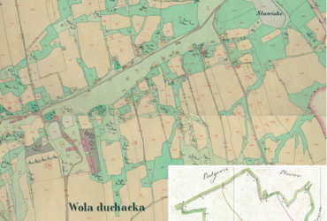 Mapa 153. Wola Duchacka. Centrum Woli Duchackiej na mapie katastralnej sporządzonej dla gminy katastralnej Wola Duchacka w 1847 roku oraz pochodzący z 1847 roku plan sytuacyjny z wyrysowanymi granicami tej gminy i lokalizacją gmin sąsiadujących (Archiwum Narodowe w Krakowie, sygn. K. Krak. 677 II, IV; sygn. K. Krak. op. 117, s. 1).