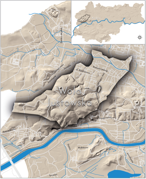 Mapa 154. Wola Justowska. Orientacyjna lokalizacja dawnej wsi Wola Justowska w obecnych granicach Krakowa – na planie miasta oznaczono jej położenie w kształcie wyznaczonym granicami jednostki katastralnej, jaką stanowiła, ze wskazaniem najstarszego, historycznego centrum Woli (nazwanej „Chełmską”, później „Justowską”) w rejonie dzisiejszej ulicy Starowolskiej.