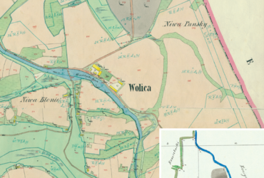 Mapa 157. Wolica. Centrum Wolicy na mapie katastralnej sporządzonej dla gminy katastralnej Wolica w 1850 roku oraz pochodzący z lat 1847–1848 plan sytuacyjny z wyrysowanymi granicami gminy Wolica i lokalizacją gmin sąsiadujących (Archiwum Narodowe w Krakowie, sygn. K. Krak. 695 I, II, IV; sygn. WM 563a, nlb.).