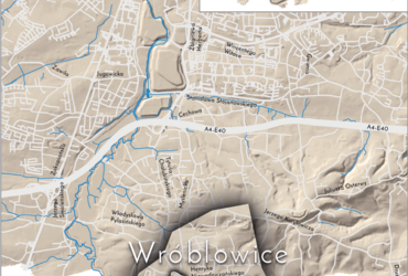 Mapa 158. Wróblowice. Orientacyjna lokalizacja dawnej wsi Wróblowice w obecnych granicach Krakowa – na planie miasta oznaczono jej położenie w kształcie wyznaczonym granicami jednostki katastralnej, jaką stanowiła, ze wskazaniem najstarszego, historycznego centrum Wróblowic w rejonie dzisiejszej ulicy Niewodniczańskiego.