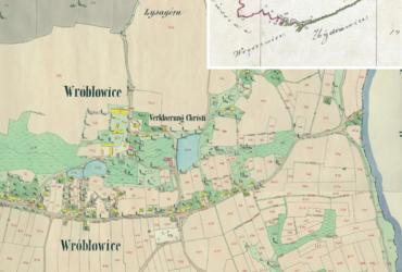 Mapa 159. Wróblowice. Centrum Wróblowic na mapie katastralnej sporządzonej dla gminy katastralnej Wróblowice w 1849 roku oraz pochodzący z 1846 roku plan sytuacyjny z wyrysowanymi granicami gminy Wróblowice i lokalizacją gmin sąsiadujących (Archiwum Narodowe w Krakowie, sygn. K. Krak. 703 II, III; sygn. K. Krak. op. 166, s. 1).