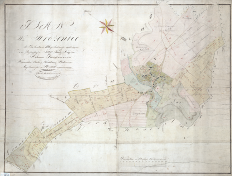Mapa 162. Wróżenice. Z Archiwum Wolnego Miasta Krakowa mapa wsi Wróżenice wyrysowana w 1826 roku przez Karola Bełcikowskiego, geometrę rządowego Królestwa Polskiego i Rzeczypospolitej Krakowskiej; mapa powstała na zamówienie Komisji Włościańskiej Wolnego Miasta Krakowa w ramach prac przygotowujących uwłaszczenie chłopów – oraz powiększenie legendy (Archiwum Narodowe w Krakowie, sygn. 29/200/53).