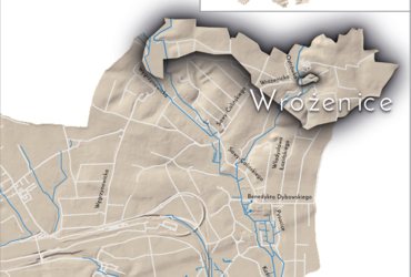 Mapa 160. Wróżenice. Orientacyjna lokalizacja dawnej wsi Wróżenice w obecnych granicach Krakowa – na planie miasta oznaczono jej położenie w kształcie wyznaczonym granicami jednostki katastralnej, jaką stanowiła, ze wskazaniem najstarszego, historycznego centrum Wróżenic w rejonie dzisiejszych ulic Wróżenickiej i Ostrówka.