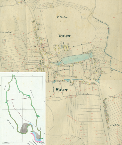 Mapa 164. Wyciąże i Przylasek Wyciąski. Centrum Wyciąża na mapie katastralnej sporządzonej dla gminy katastralnej Wyciąże w 1850 roku oraz pochodzący z lat 1847–1848 plan sytuacyjny z wyrysowanymi granicami gminy Wyciąże wraz z Przylaskiem Wyciąskim i lokalizacją gmin sąsiadujących (Archiwum Narodowe w Krakowie, sygn. K. Krak. 713 II, IV; sygn. WM 563a, nlb.).