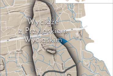 Mapa 163. Orientacyjna lokalizacja dawnych wsi Wyciąże i Przylasek Wyciąski w obecnych granicach Krakowa – na planie miasta oznaczono ich położenie w kształcie wyznaczonym granicami jednostek katastralnych, które stanowiły, ze wskazaniem najstarszych, historycznych centrów: Wyciąża w rejonie dzisiejszej ulicy Wyciąskiej oraz Przylasku Wyciąskiego w rejonie dzisiejszych ulic Przylasek i Bartniczej.