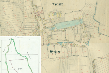 Mapa 164. Wyciąże i Przylasek Wyciąski. Centrum Wyciąża na mapie katastralnej sporządzonej dla gminy katastralnej Wyciąże w 1850 roku oraz pochodzący z lat 1847–1848 plan sytuacyjny z wyrysowanymi granicami gminy Wyciąże wraz z Przylaskiem Wyciąskim i lokalizacją gmin sąsiadujących (Archiwum Narodowe w Krakowie, sygn. K. Krak. 713 II, IV; sygn. WM 563a, nlb.).