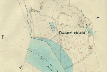 Mapa 165. Wyciąże i Przylasek Wyciąski. Przywiślany fragment Przylasku Wyciąskiego na mapie katastralnej sporządzonej dla gminy katastralnej Przylasek Wyciąski w 1850 roku (Archiwum Narodowe w Krakowie, sygn. K. Krak. 713 VII).