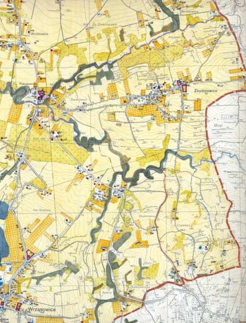Mapa 169. Zbydniowice. Z dokumentacji Biura Rozwoju Krakowa dotyczący wsi Zbydniowice fragment sporządzonej w 1968 roku Inwentaryzacji bezpośredniej użytkowania terenu i budynków dla Gromady Swoszowice (Archiwum Narodowe w Krakowie, sygn. 29/1405/2331).